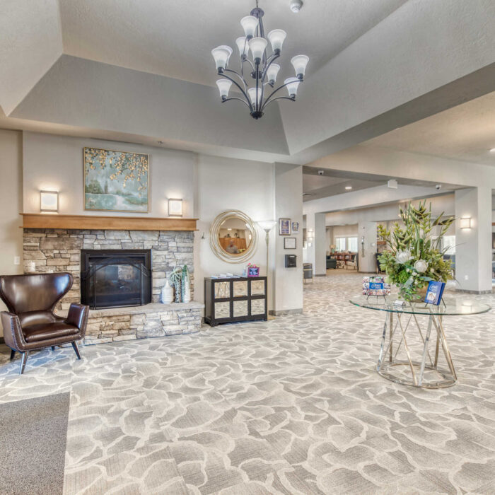 Entry Lounge with Fireplace – Grace Assisted Living Caldwell
