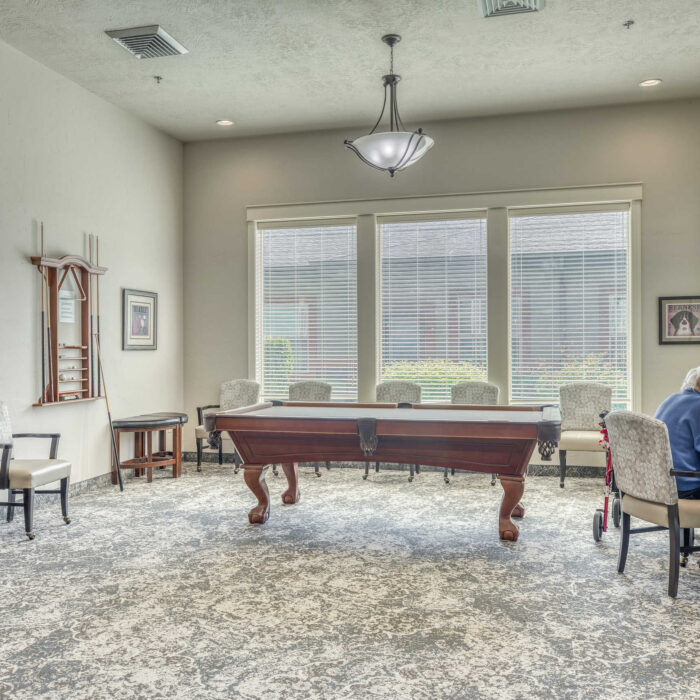 Billiards and puzzle room for seniors with large windows and cozy seating options.