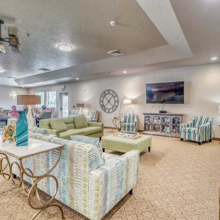 Comfortable seating area in a senior lounge with green and blue striped armchairs and large TV.