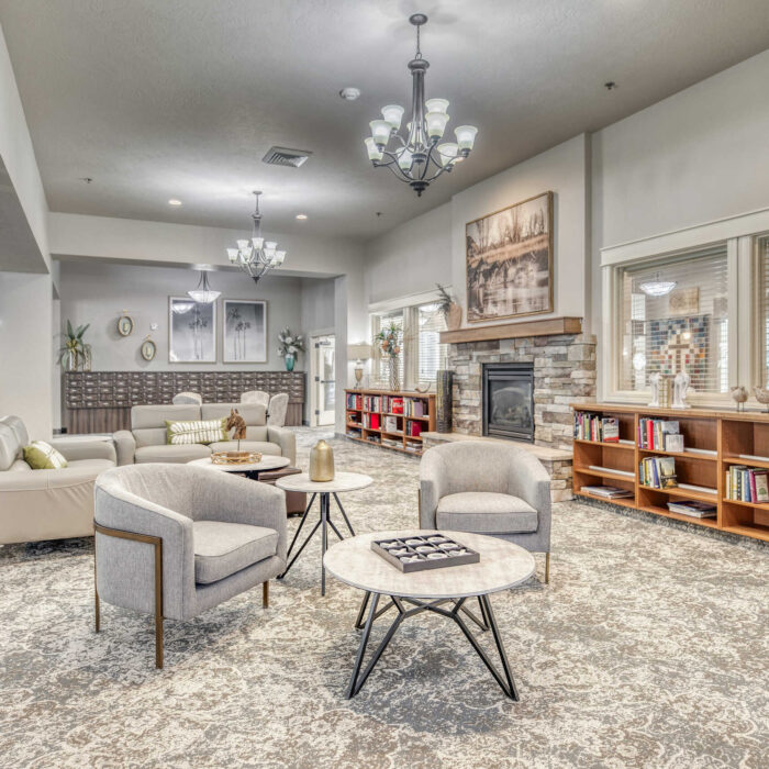 Library Lounge with Fireplace at Grace Assisted Living