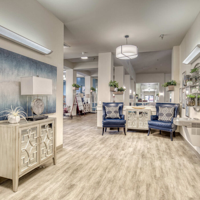 Grace Assisted Living Nampa Blue Chairs and Mirror Hallway