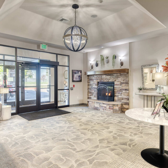 Inviting fireplace entryway at Grace Assisted Living in Englefield, Idaho