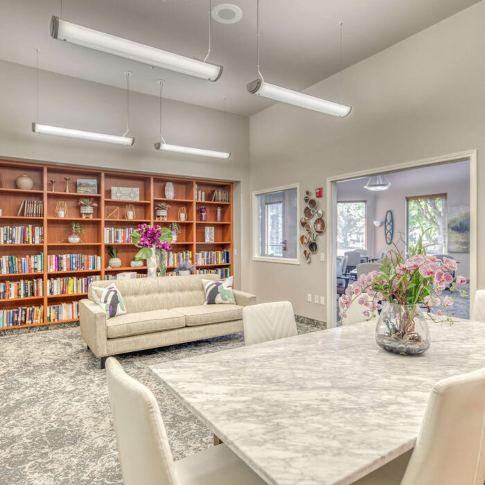 Book Club Area in Library at Grace Assisted Living Meridian