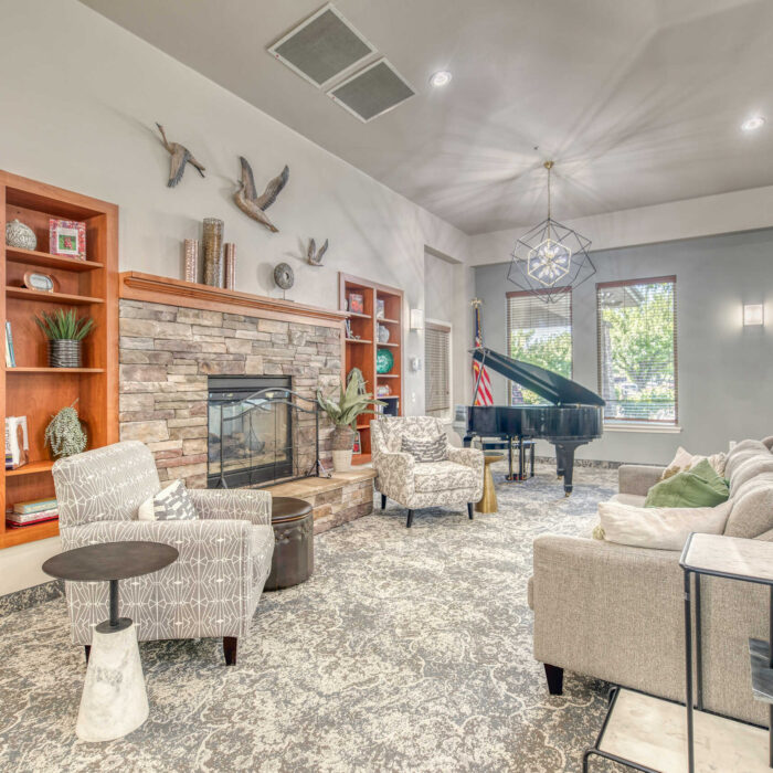 Grace Assisted Living Meridian Lounge with Fireplace and Piano