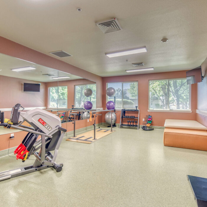 Fully equipped fitness room with rehabilitation machines and balance balls at Grace Assisted Living Meridian.
