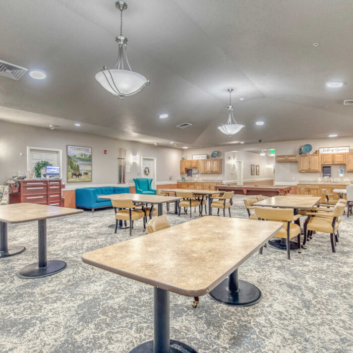 Multipurpose lounge area with dining tables, modern seating, and kitchen access at Grace Assisted Living Meridian.