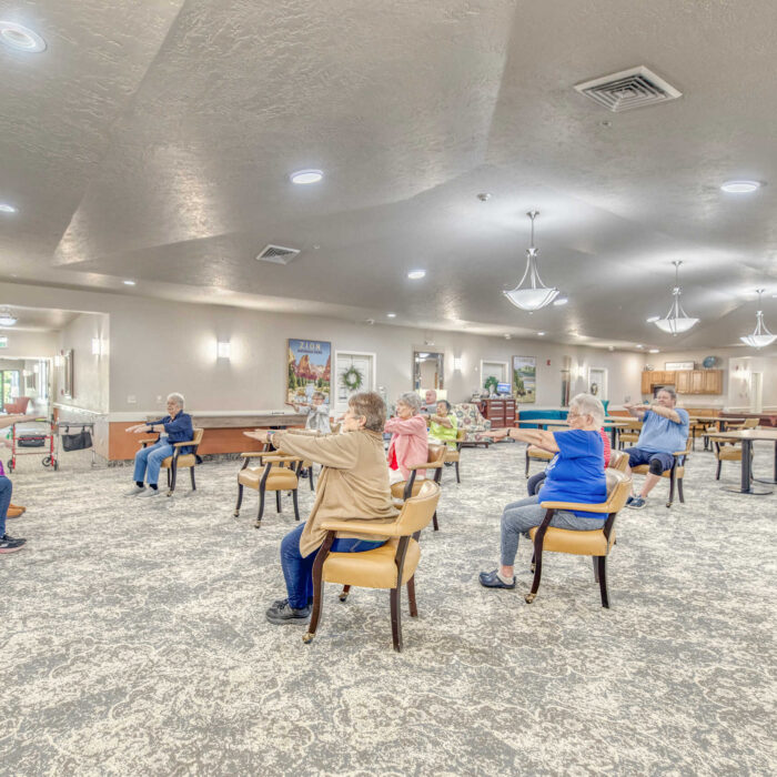 Residents participating in a seated fitness activity at Grace Assisted Living Meridian.
