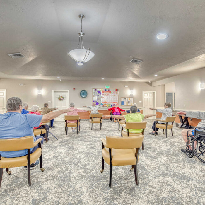 Seated group exercise session with senior residents at Grace Assisted Living Meridian.