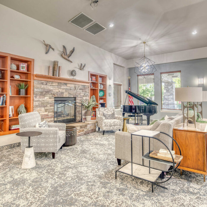 Seating Area with Fireplace and Library at Grace Assisted Living Meridian
