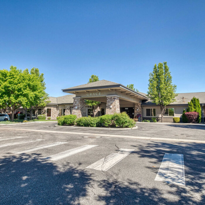 Spacious parking area and entrance at Grace Assisted Living Meridian, Idaho.