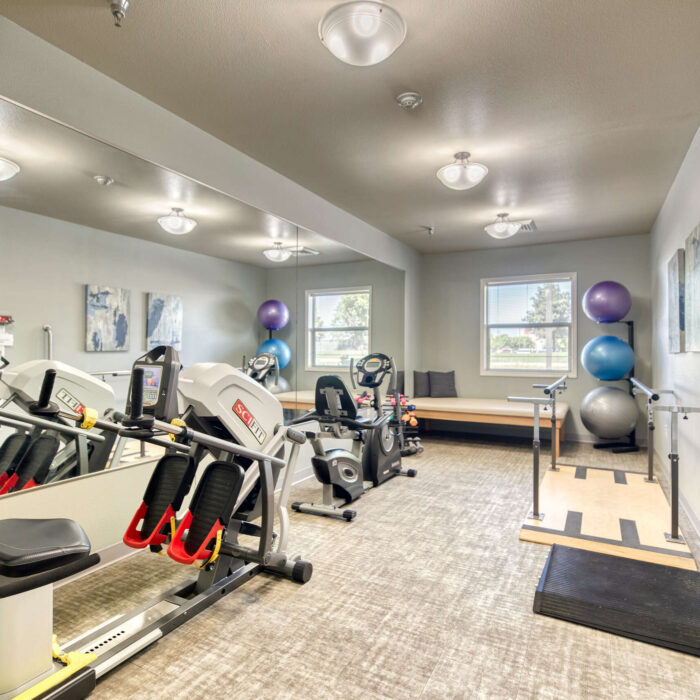 Modern senior fitness and physical therapy room with rehabilitation equipment